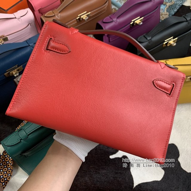 Hermes凱利女包 愛馬仕Minikelly pochette一代 原廠進口swift皮 半手工蠟線 國旗紅 金銀扣  tdh2271